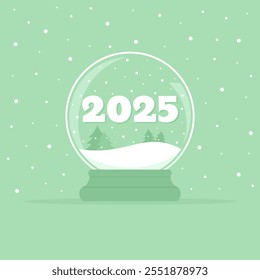 Bola de cristal del año Nuevo con el número 2025 y los abetos en una nieve dentro en un fondo nevado verde. Ilustración plana de Vector