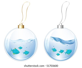 New Year Glasses Balls With Blue Fishes In Water Inside, Isolated On white