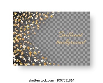 New Year glossy greeting card design with flying golden stars of confetti for festive decoration on a transparent backdrop
