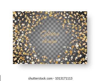 New Year glossy invitation template for a party with soaring golden stars of confetti for festive decoration on a transparent backdrop