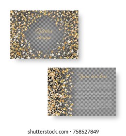 New Year glossy invitation template with falling golden stars of confetti for festive decoration on a transparent backdrop
