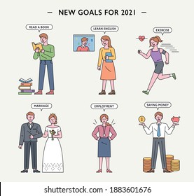 New Year goal character icon. Concept icons for reading books, studying, working out, getting married, getting a job, and raising money. flat design style minimal vector illustration.
