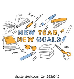 New year, new goals banner in doodle style. Lettering with black outline, hand drawn books, glasses, pencil and pen. Stylish design for children's online courses and classes.