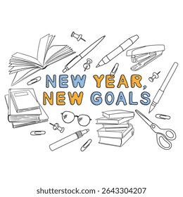 New year, new goals banner in doodle style. Lettering with black outline, hand drawn books, glasses, pencil and pen. Stylish design for children's online courses and classes.