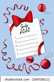 New year goals list. 2020 resolutions text on notepad. Wish list. Action plan. Blue background with red serpentine and new year balls.To do list concept. Stock vector illustration