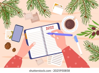 New Year goals and resolutions concept. Woman writes down her dreams and plans for future in notebook. Branches of Christmas tree. Cartoon flat vector illustration isolated on pink background