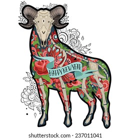 New Year of the Goat, Isolated on white background, floral tattoo ornamental pattern. Colorful Goat. Vector illustration