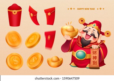 New year god of wealth character design with lucky money collection, Chinese text translation: Welcome the caishen