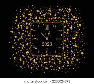Reloj de oro de Año Nuevo. Reloj antiguo de vacaciones con confeti dorado. aislado en fondo negro