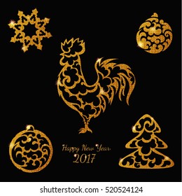 New year gold glitter tree, snowflake,rooster.  Vector illustration EPS 10