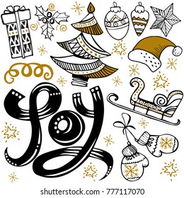 New year gold set. Hand drawn vector illustration, design, greeting card