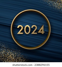 New Year golden 3d 2024 lettering on dark blue textured background with circle and golden sand or small shiny particles. Vector illustration.