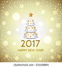 New Year golden background with elegant white Christmas tree and Happy New Year 2017! Inscription. Vector illustration