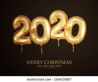 New Year golden balloon, golden metallic numbers 2020. Realistic 3d design for poster or banner.