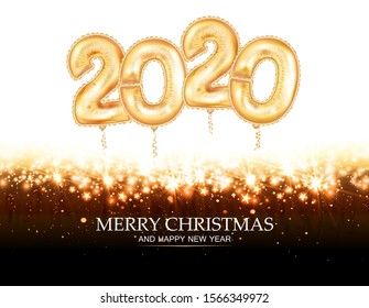 New Year golden balloon, golden metallic numbers 2020. Realistic 3d design for poster or banner.