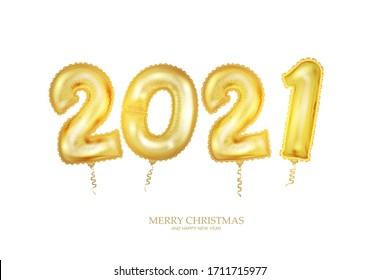 New Year golden balloon, golden metallic numbers 2021. Realistic 3d design for poster or banner. Vector.