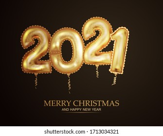 New Year golden balloon, golden metallic numbers 2021. Realistic 3d design for poster or banner. Vector.