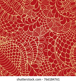 New year, golden chinese backgroun dmade of doodles. Seamless festive pattern for winter holiday design. A hand drawn pattern with floral motif. Tangle pattern, boho style texture for clothes print