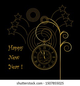 New Year golden clock and firework. Unique decorative element for your festive design. Vector illustration. 
