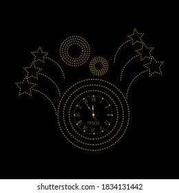 New Year golden clock and firework. Unique decorative element for your festive design. Vector illustration. 
