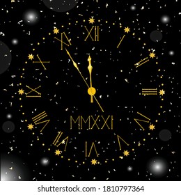 New Year golden clock on the night sky background  . Unique decorative element for your festive design. Vector illustration for 2021. 
