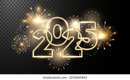 New Year golden fireworks and golden numbers 2025 luxury background. Celebration New Year's Eve element for holiday design. Happy New Year Banner with Golden numbers date 2025 and fireworks .Vector