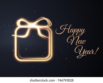 New year golden frame in shape of present box with glittering particles holiday background. Vector EPS10.
