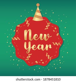 new year golden lettering card with hat and lace vector illustration design