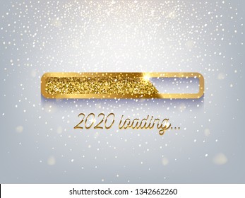 New Year golden loading bar vector illustration. 2020 Year progress with lettering. Party countdown, download screen. Invitation card, banner. Event, holiday expectation. Sparkling glitter background