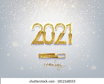 New Year golden loading bar vector illustration. 2021 Year progress with lettering. Party countdown, download screen. Invitation card, banner. Event, holiday expectation. Sparkling glitter background