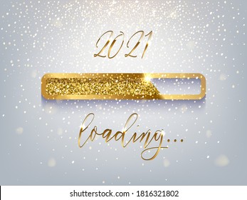 New Year golden loading bar vector illustration. 2021 Year progress with lettering. Party countdown, download screen. Invitation card, banner. Event, holiday expectation. Sparkling glitter background