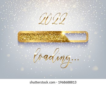 New Year golden loading bar vector illustration. 2022 Year progress with lettering. Party countdown, download screen. Invitation card, banner. Event, holiday expectation. Sparkling glitter background