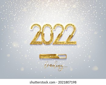 New Year golden loading bar vector illustration. 2022 Year progress with lettering. Party countdown, download screen. Invitation card, banner. Event, holiday expectation. Sparkling glitter background