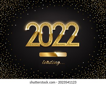 Goldene Lade-Bar im Neujahr, Vektorgrafik. 2022 Jahr Fortschritte beim Schreiben. Party Countdown, Download-Bildschirm. Einladungskarte, Banner. Event, Feiertagserwartung. glänzender glänzender Hintergrund
