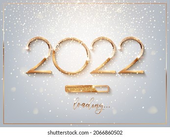 New Year golden loading bar vector illustration. 2022 Year progress with lettering. Party countdown, download screen. Invitation card, banner. Event, holiday expectation. Sparkling glitter background