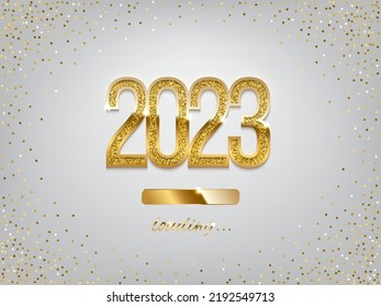 Ilustración vectorial de la barra de carga dorada de Año Nuevo. 2023 Progreso de los años con la inscripción. Cuenta regresiva del partido, pantalla de descarga. Tarjeta de invitación, cartel. Evento, expectativa de vacaciones. Fondo brillante resplandeciente.