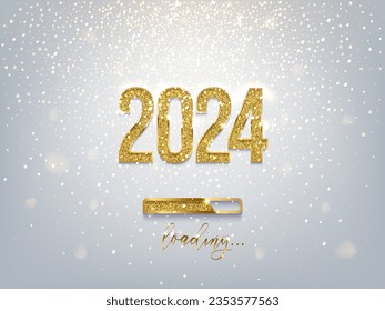 New Year golden loading bar vector illustration. 2024 Year progress with lettering. Party countdown, download screen. Invitation card, banner. Event, holiday expectation. Sparkling glitter background.