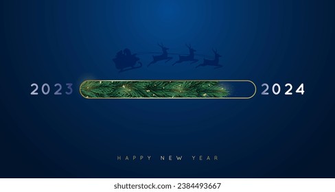 New Year golden loading bar. 2024 Year progress. Countdown, download screen. Loading in form of Christmas tree branches.