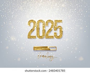 New Year golden loading bar vector illustration. 2025 Year progress with lettering. Party countdown, download screen. Invitation card, banner. Event, holiday expectation. Sparkling glitter background.