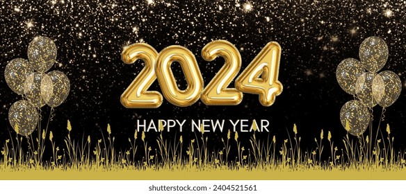 New Year and golden numbers 2024 on dark background. Celebration New Year's Eve with golden balloons and golden grasses