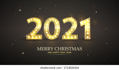 New Year golden numbers with lamp light. Retro design for poster or banner. Vector.