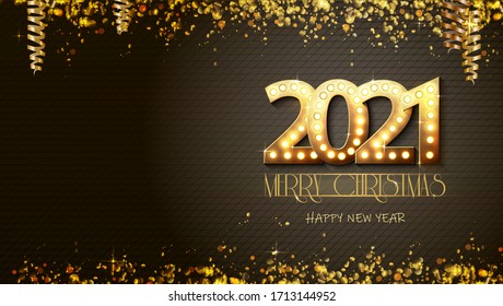 New Year golden numbers with lamp light. Retro design for poster or banner. Vector.