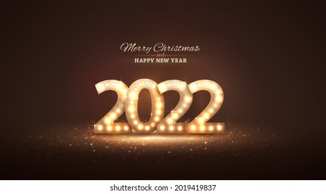 New Year golden numbers with lamp light. Retro design for poster or banner. Vector.
