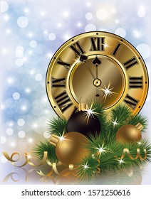 New Year golden wallpaper with xmas balls and tree, vector illustration	
