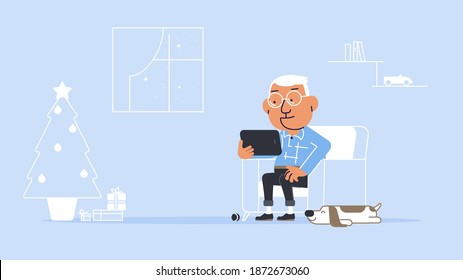 New year grandfather with dog vector illustration