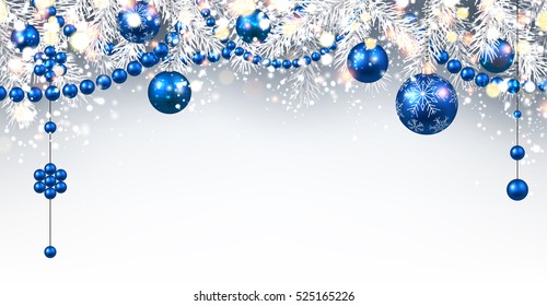 New Year gray background with blue Christmas balls. Vector illustration.