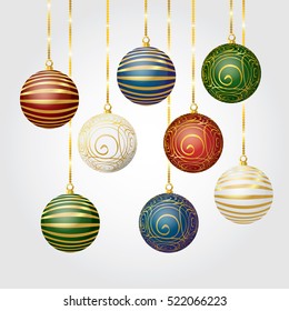 New Year gray background with Christmas balls. Set of color Christmas balls. Vector illustration.