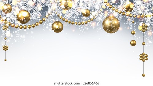 New Year gray background with golden Christmas balls. Vector illustration.