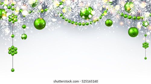 Fundo cinza de Ano Novo com bolas de Natal verdes. Ilustração vetorial.