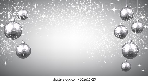 Fondo gris de Año Nuevo con bolas de Navidad plateadas. Ilustración vectorial.